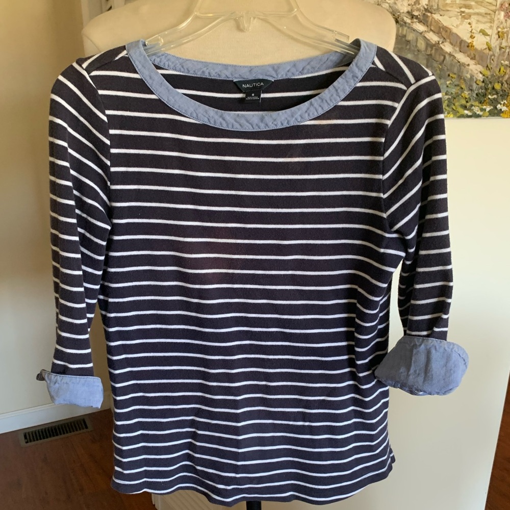 Nautica Women's Long Sleeve Navy and White Striped Tee with denim accents